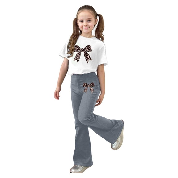 RUTAYY Teen Girls Outfit Sets Personality Print Flare Pants and Short Sleeve Round Neck Tops 2 Piece Comfy Casual Holiday Sets