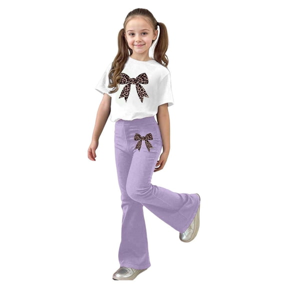 RUTAYY Teen Girls Outfit Sets Personality Print Flare Pants and Short Sleeve Round Neck Tops 2 Piece Comfy Holiday Chic Sets