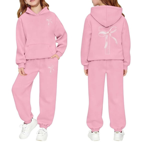 RUTAYY Girls Outfits 2 Piece Bow Print Comfortable Casual Hoodies and Pants with Pocket Daily Wear Trendy Vintage Clothing Sets