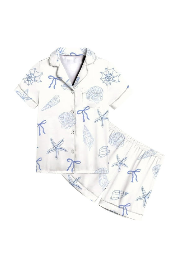 Teen Girls Pajamas Set Soft Satin Sleepwear With Bow Tie Cute Ocean Animal Print Comfortable Wear Classic & Versatile Homewear, Light Blue, 12-13 Years