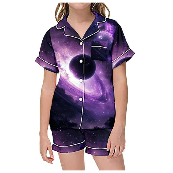 RUTAYY Teen Girls Sleepwear Starry Sky Pattern Short Sleeve Shorts Pyjamas Fashionable Nightwear, Purple, 12-13 Years