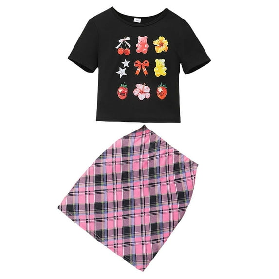 RUTAYY Teen Girls Summer 2 Piece Outfits Sets Cute Printed Short Sleeve T Shirt With Plaid Skirt Casual Beach School Party Outfit for Teen Girls 13 16 Classic Style, 14-15 Years