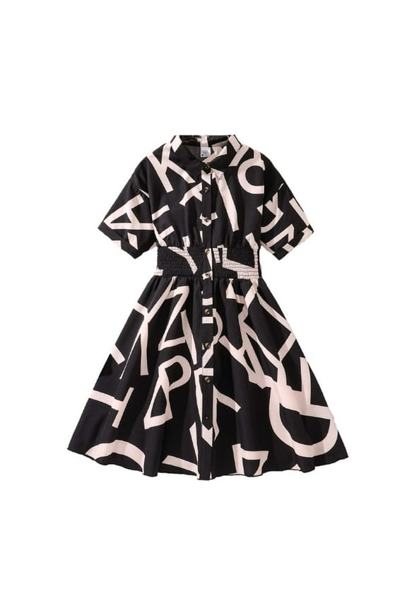 Teen Girls Summer Dress Short Sleeved Shirt Dress With Collar Buttoned Letter Printed Full Length Gathered Waist Design Holiday Vacation Beach, Black, 12-13 Years