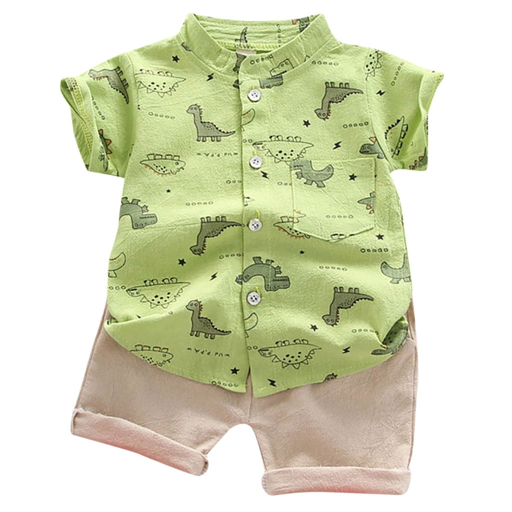 RUTAYY Toddler Baby Boys Outfit Setsstand Collar with Button Cartoon Dinosaur Print T-Shirt Tops ...