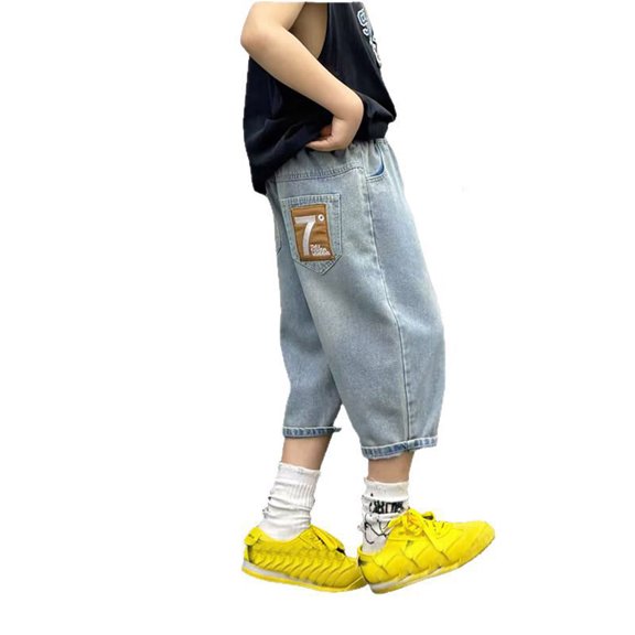 RUTAYY Toddler Boys Elastic Waist Wide Leg Casual Loose Calf Length Jeans With Pockets Trouser Stylish Infants Pants