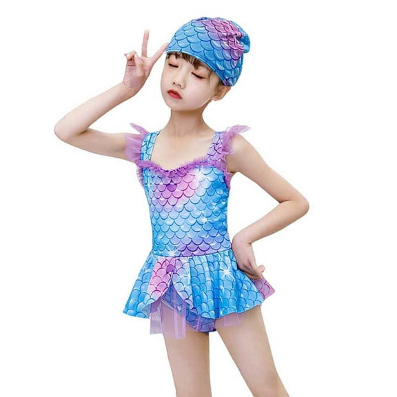RUTAYY Toddler Girl Swimsuit Summer Sleeveless Printing Swimwear Beach Ruffles Swimsuit Bikini Hat Set Beach Bathing Suit, Blue, 6-7 Years