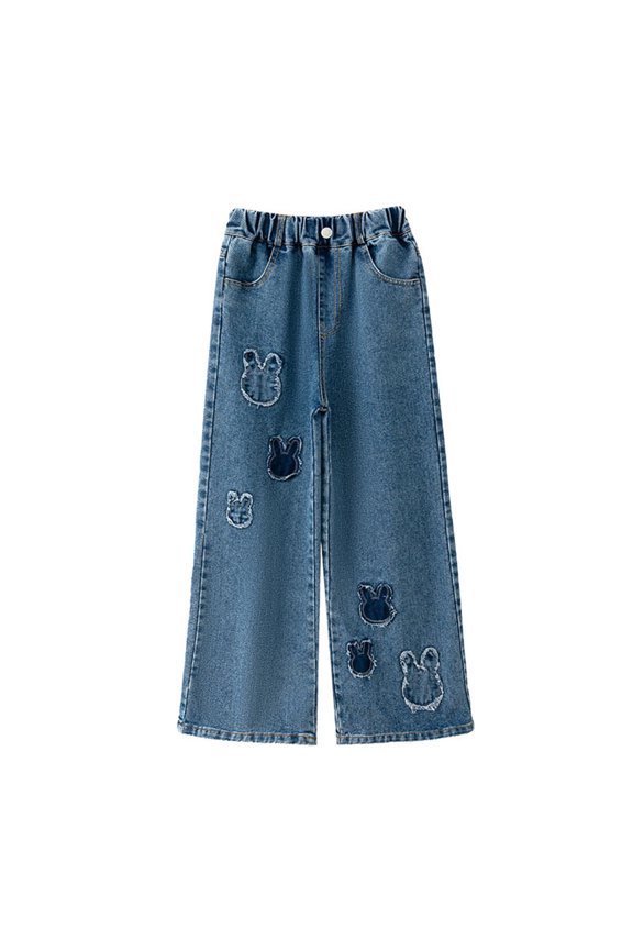 Toddler Girls Casual Jeans Spring Summer Denim Cute Bunny Head Tape Straight Leg Pant Kids Baggy Vintage Slim Jean With Pocket Trouser Versatile Pants