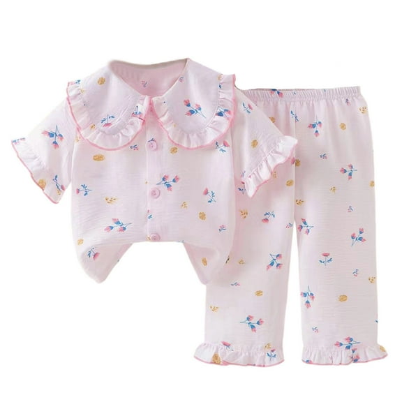 RUTAYY Toddler Girls Clothing Pajama Sets Cute Print Turndown Collar Long Sleeve with Button Tops Elastic Waist Pants Sleepwear Outfit Comfortable Casual Loungewear Sets
