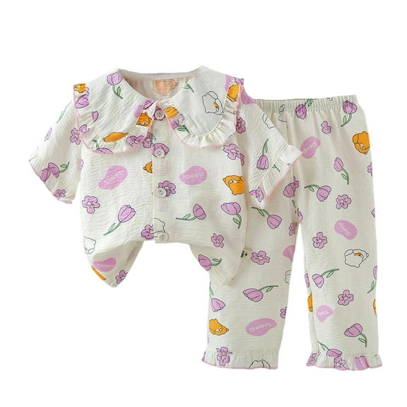 RUTAYY Toddler Girls Clothing Pajama Sets Cute Print Turndown Collar Long Sleeve with Button Tops Elastic Waist Pants Sleepwear Outfit Comfortable Fun & Vibrant Designs
