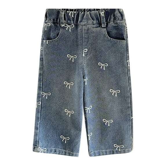 RUTAYY Toddler Girls Cute Bow Pattern Jeans Elastic Waist Wide Leg Jeans Trouser Classic Pants
