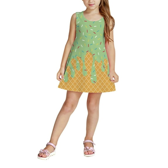 RUTAYY Toddler Girls Dress Ice Cream Cake Print Sleeveless Round Neck A-Line Dreamy Dress, Green, 2-3 Years