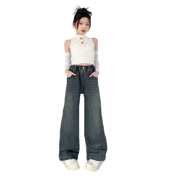 RUTAYY Toddler Girls Fashion Cute Embroidered Pants Elastic Waist Wide Leg Jeans Loose Casual Demin Pants With Pockets Trouser Versatile Infants Pants