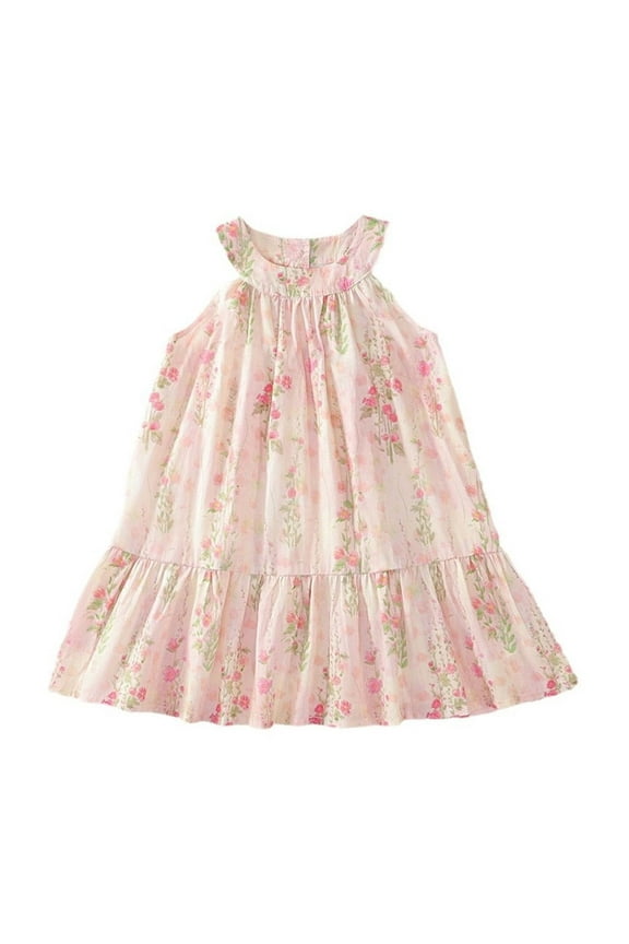 Toddler Girls Floral Print Dress Casual Summer Dresses Play Ful Comfortable Daily Wear Lightweight Breathable Fabric Easy To With Modern Minimalist Dress , Pink, 3-4 Years