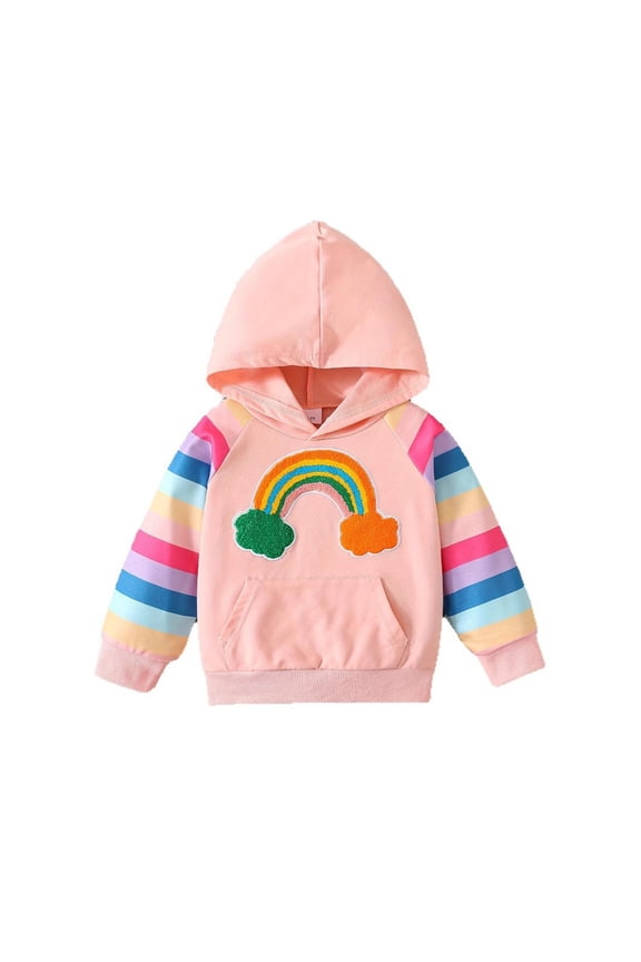 Toddler Girls Hooded Jacket Rainbow Embroidered with Pocket Long Sleeve Fall Winter Outerwear Casual Warm Comfortable Relaxed Stylish Jacket