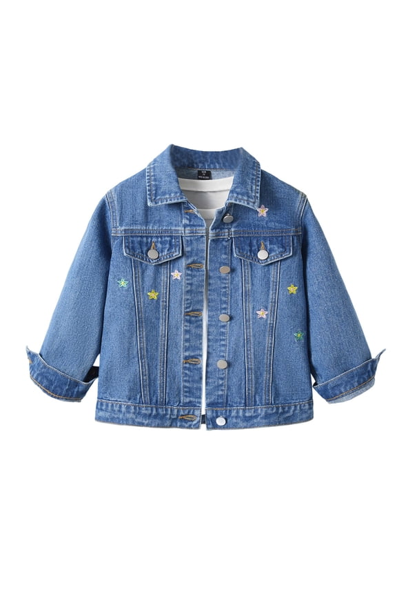 Toddler Girls Jacket Long Sleeve Star Embroidery Turndown Collar Loose Fit Outerwear Leisure Trendy Denim Coat