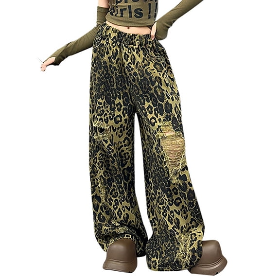 RUTAYY Toddler Girls Loose Leopard Print Baggy Jeans Elastic Waist Distressed Ripped Denim Pants With Holes Trouser Comfort Infants Pants