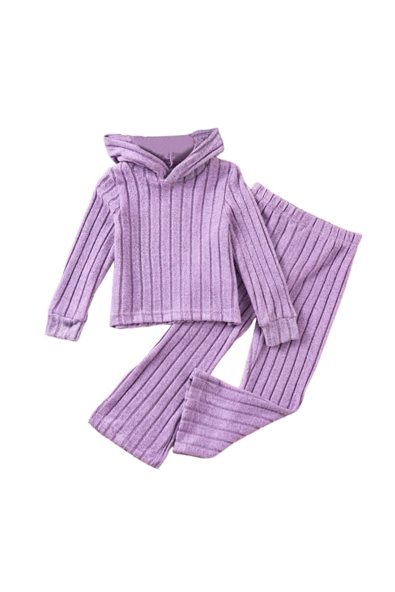 Toddler Girls Outfit Sets 2-Pack Solid Color Soft Knit Hoodie and Pants Comfy Casual Fall Spring Clothes Ribbed Texture Wear Fun & Vibrant Designs