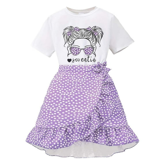 RUTAYY Toddler Girls Outfits Sets Short Sleeve Cartoon Prints Bowknot T Shirt Tops Skirts Suit Fashionable Clothing, Purple, 11-12 Years