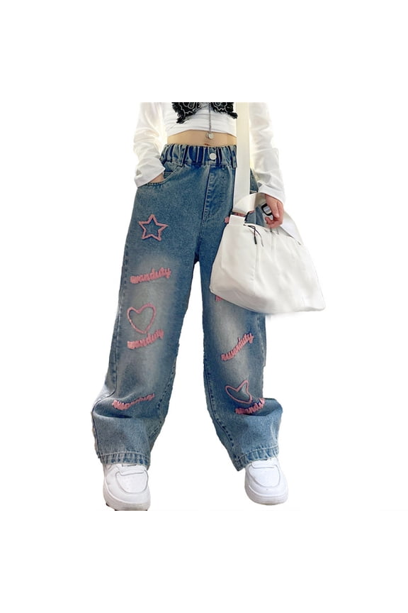Toddler Kids Girls Jeans Distressed Elastic Waist Baggy Denim Wide Leg Trousers Breathable Pants