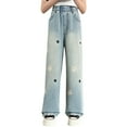 thumbnail image 1 of RUTAYY Toddler Kids Girls Jeans Distressed Elastic Waist Baggy Denim Wide Leg Trousers Lovely Pants, 1 of 9