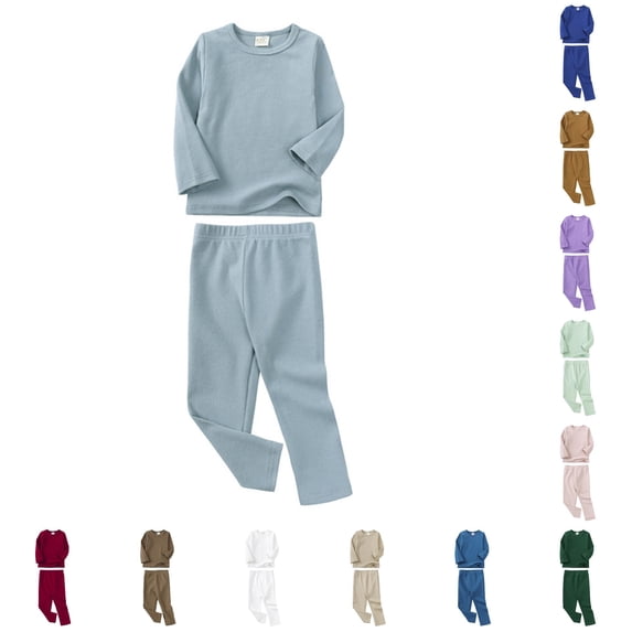 RUTAYY Unisex Kids Pajama Set Long Sleeve Crew Neck Long Pants Simple Solid Color Children Night Suit Light Blue
