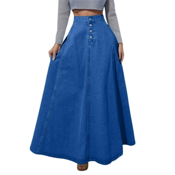 RUTAYY Vintage A-Line Denim Skirt For Women Retro Button Front Flare Skirt Stylish Midi Skirt For Casual Wear Solid Color Flowy Swing Pleated Beach Skirts