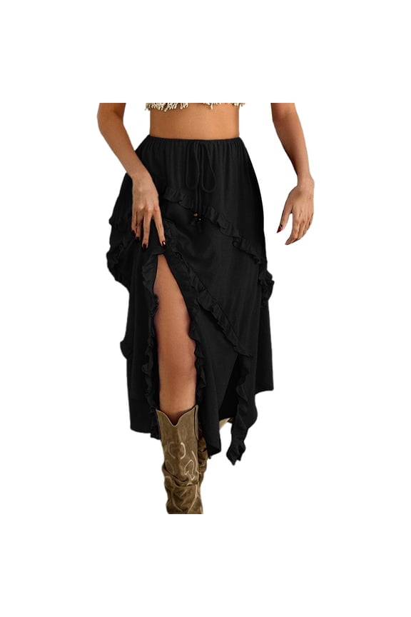 Women 2025 Spring Summer Leisure Holiday Wind Solid Color Lace Up Waist Mid-Length Skirt Woman Casual Travel Skirts