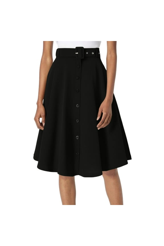 Women A-Line Flared Midi Skirt Vintage Stretch High Waisted Button Down Swing Skirt With Pockets And Belts Solid Color Casual Travel Skirts