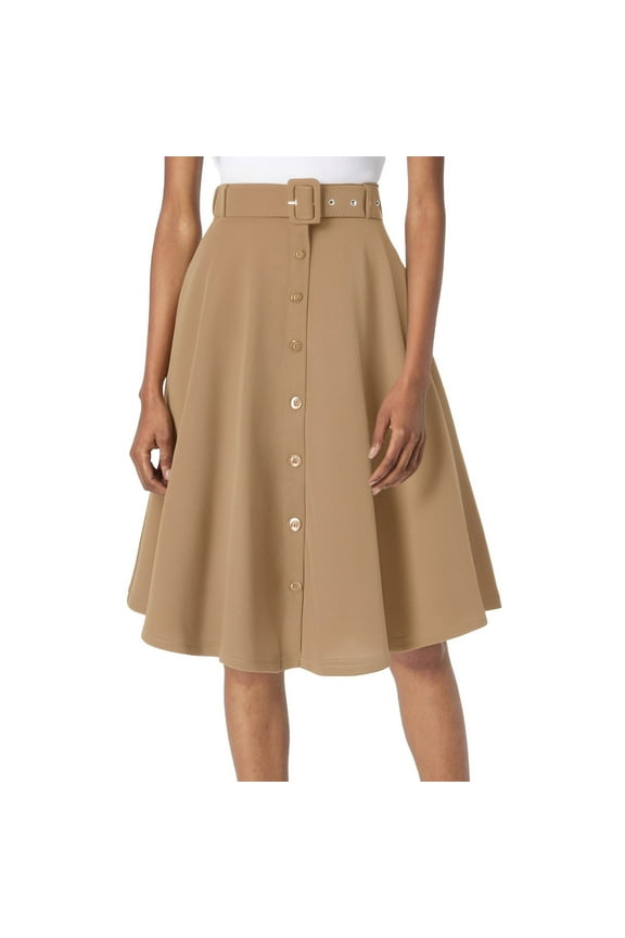 Women A-Line Flared Midi Skirt Vintage Stretch High Waisted Button Down Swing Skirt With Pockets And Belts Solid Color Flowy Swing Skirts
