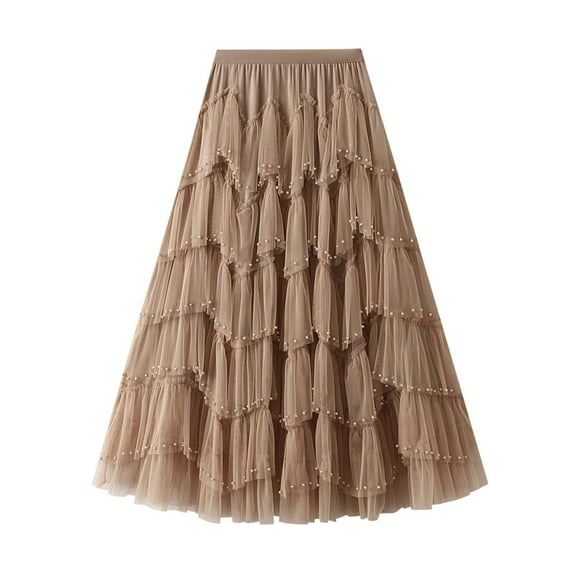 RUTAYY Women A-Line Tulle Party Dinner Tutu Skirt Brown Stretchy High Waisted Flared Skirt Solid Color Smocked Boho Pleated Skirts