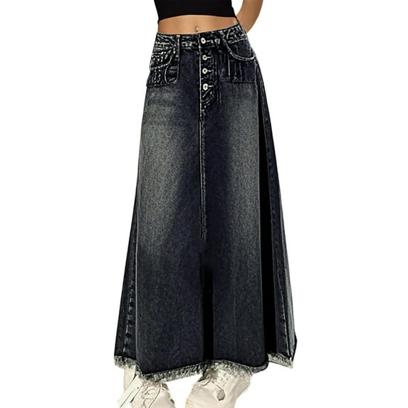 RUTAYY Women Blue Vintage Denim Skirt With High Waist And Hem Solid Color Casual Travel Skirts