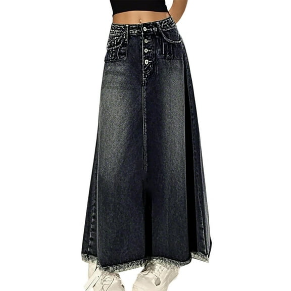 RUTAYY Women Blue Vintage Denim Skirt With High Waist And Hem Solid Color Smocked Boho Pleated Skirts