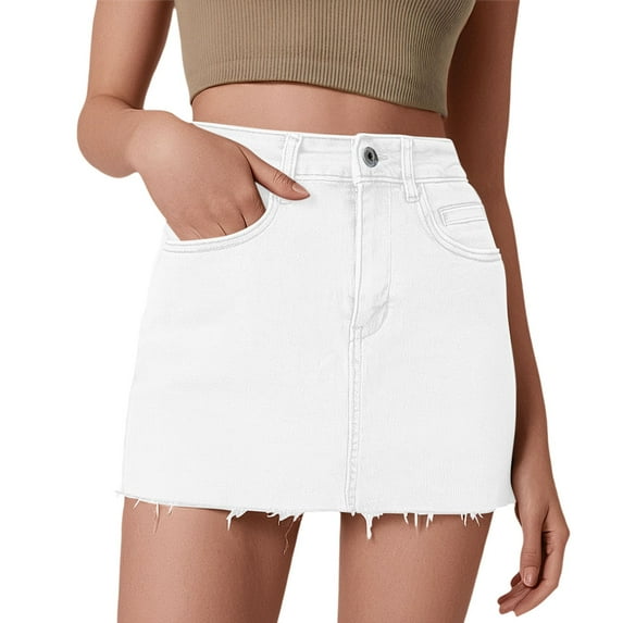 RUTAYY Women Bodycon Denim Short Mini Skirts High Waist Casual Washed Stretchy Jean Skirts With Pockets Solid Color Flowy Swing Skirts