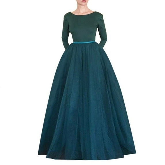 RUTAYY Women Boneless Wedding Mesh Porcelain Color Petticoat Puffy Long Tutu Skirt Solid Color Casual Travel Skirts