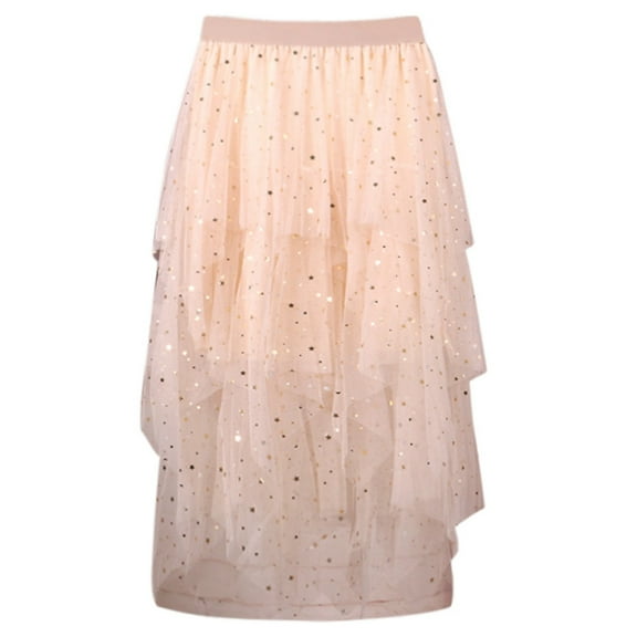 RUTAYY Women Casual Elastic High Waist Blingbling Mesh Skirt Tutu Skirt Irregular Hem Skirt Solid Color Smocked Boho Pleated Skirts