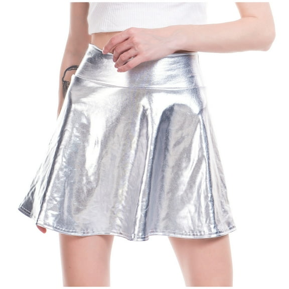 RUTAYY Women Casual Fashion Shiny Metallic Flared Pleated A-Line Mini Skirt Solid Color Flowy Swing Skirts