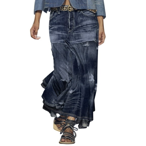 RUTAYY Women Casual High Waist Denim Skirt Slim Fit A-Line Jean Maxi Skirt Solid Color Flowy Swing Skirts