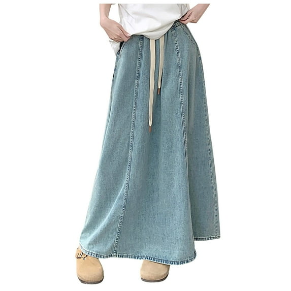 RUTAYY Women Casual High Waist Denim Skirt Slim Fit A-Line Jean Maxi Skirt Solid Color Smocked Boho Pleated Skirts