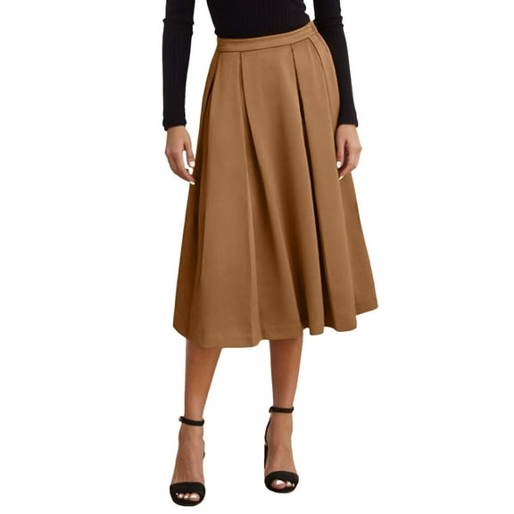 RUTAYY Women Casual High Waisted Pleated A-Line Midi Skirt Fall Winter Zipper Work Skirts Solid Color Casual Travel Skirts