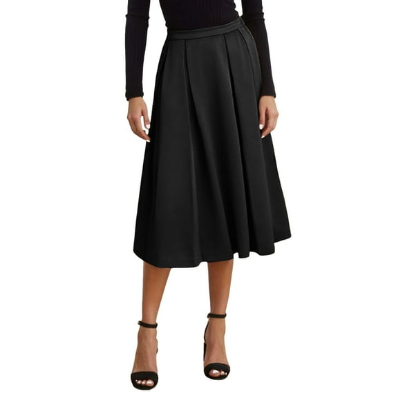 RUTAYY Women Casual High Waisted Pleated A-Line Midi Skirt Fall Winter Zipper Work Skirts Solid Color Flowy Swing Skirts