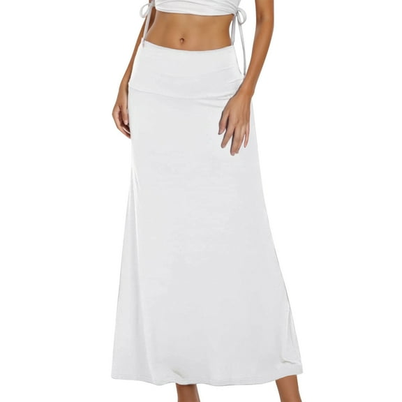 RUTAYY Women Casual Ruched Stretchy High Waist A-Line Skirt Flared Midi Skirt Solid Color Flowy Swing Skirts