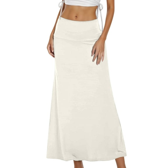 RUTAYY Women Casual Ruched Stretchy High Waist A-Line Skirt Flared Midi Skirt Solid Color Smocked Boho Pleated Skirts