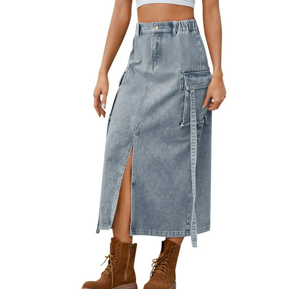 RUTAYY Women Casual Trendy Solid Color Washed Denim Semi Elastic Waist Design Ribbon Work Skirt Smocked Boho Pleated Skirts