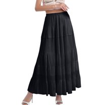 RUTAYY Women Chiffon White Flowy Maxi Skirts Boho Summer Elastic Waisted Pleated A-Line Long Skirt Solid Color Casual Travel Skirts