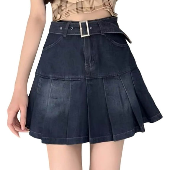 RUTAYY Women Denim A-Line Mini Skirt Casual Pleated Skater Skirt For Summer Daily Wear And Outings Comfortable Stretchy Waistband Solid Color Smocked Boho Pleated Skirts