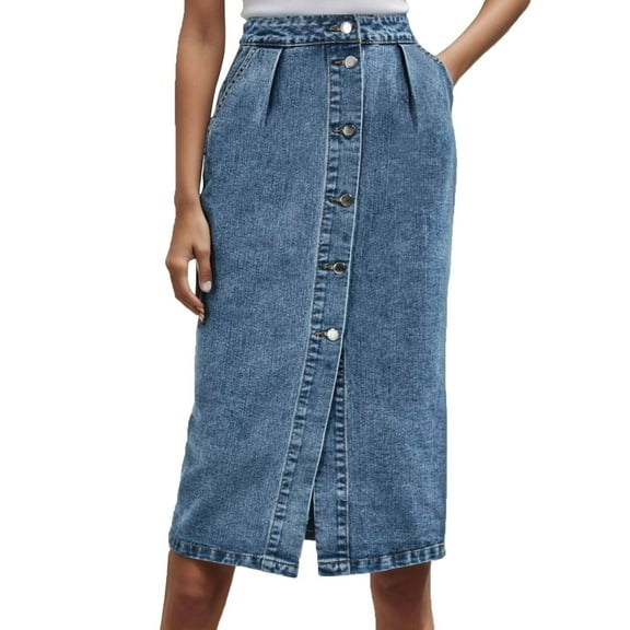 RUTAYY Women Denim Casual Button Up Pocket Skirt Solid Color Smocked Boho Pleated Skirts