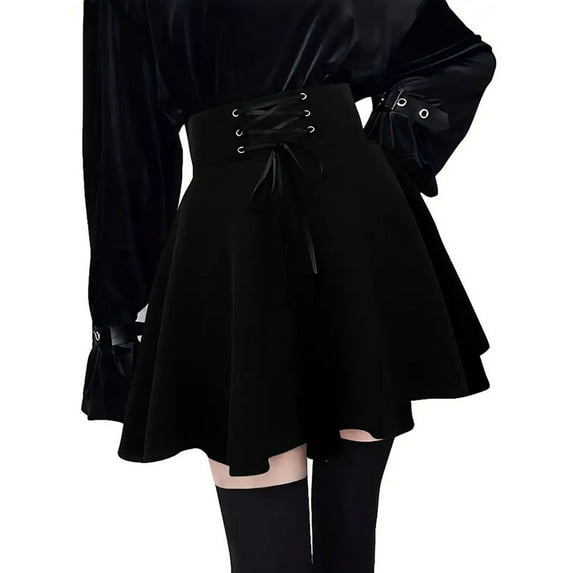 RUTAYY Women Gothic Punk Plaid Pleated High Waisted Short A-Line Flare Mini Skirt Solid Color Casual Travel Skirts