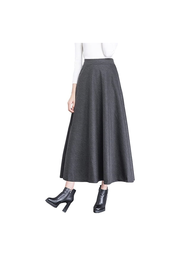 Women High Elastic Waist Maxi Wool Skirt A-Line Plaid Winter Warm Flare Long Skirt Solid Color Smocked Boho Pleated Skirts