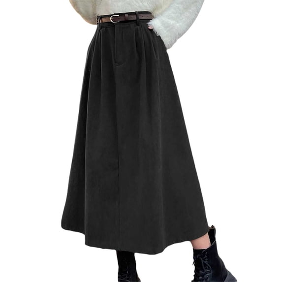 RUTAYY Women High Waisted Long Vintage Corduroy A-Line Skirt Solid Color Smocked Boho Pleated Skirts