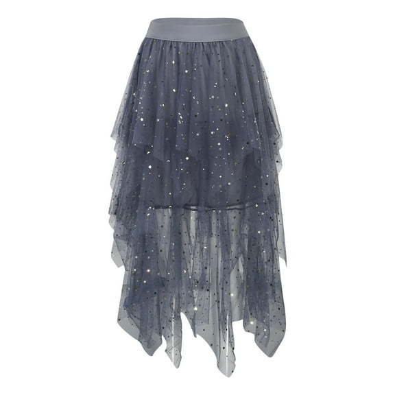RUTAYY Women High Waisted Star Sequin Pommel Skirt Irregular Mesh Skirt Mid-Length Skirt Solid Color Smocked Boho Pleated Skirts